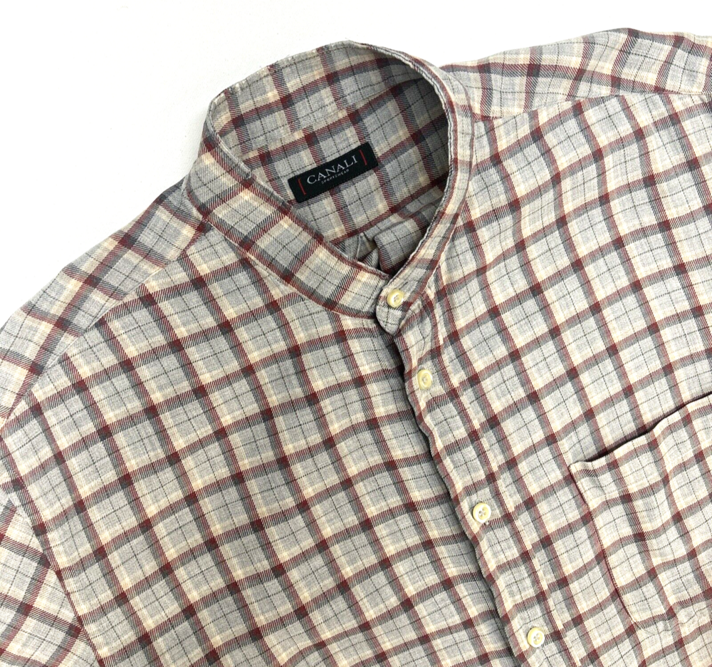 Canali Sportswear mock neck Button ShortSleeve Pocket Shirt Men L Red Gray Check